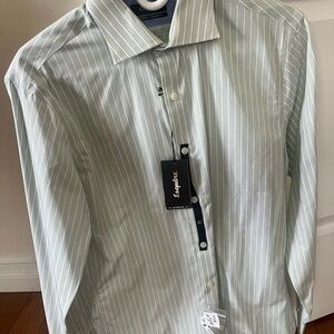 Green and White Striped Dress Shirt with Spread Collar